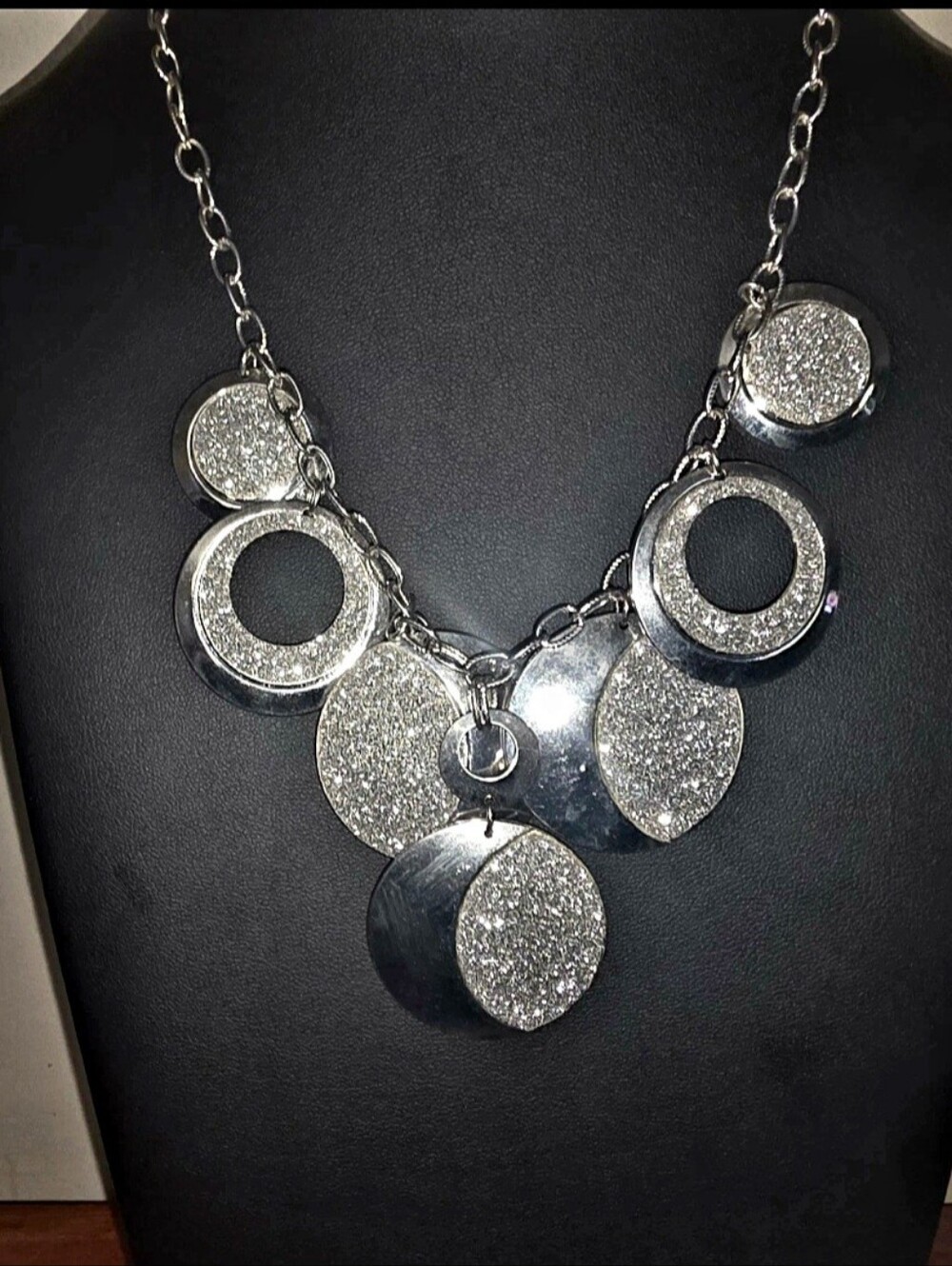 Silver Sparkle Necklace. Round Statement Necklace. Disco.